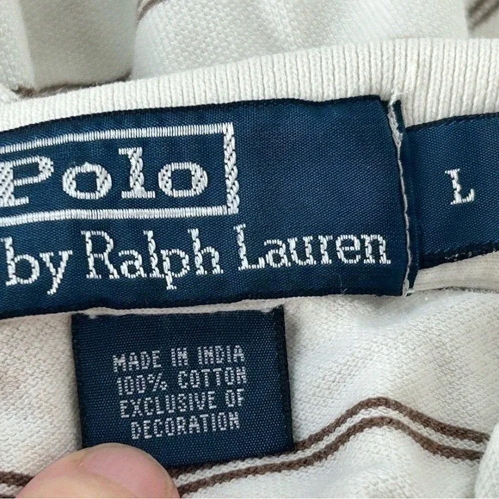 Polo by Ralph Lauren White & Brown Stripes Polo Shirt‎ Green Pony Logo Men Large